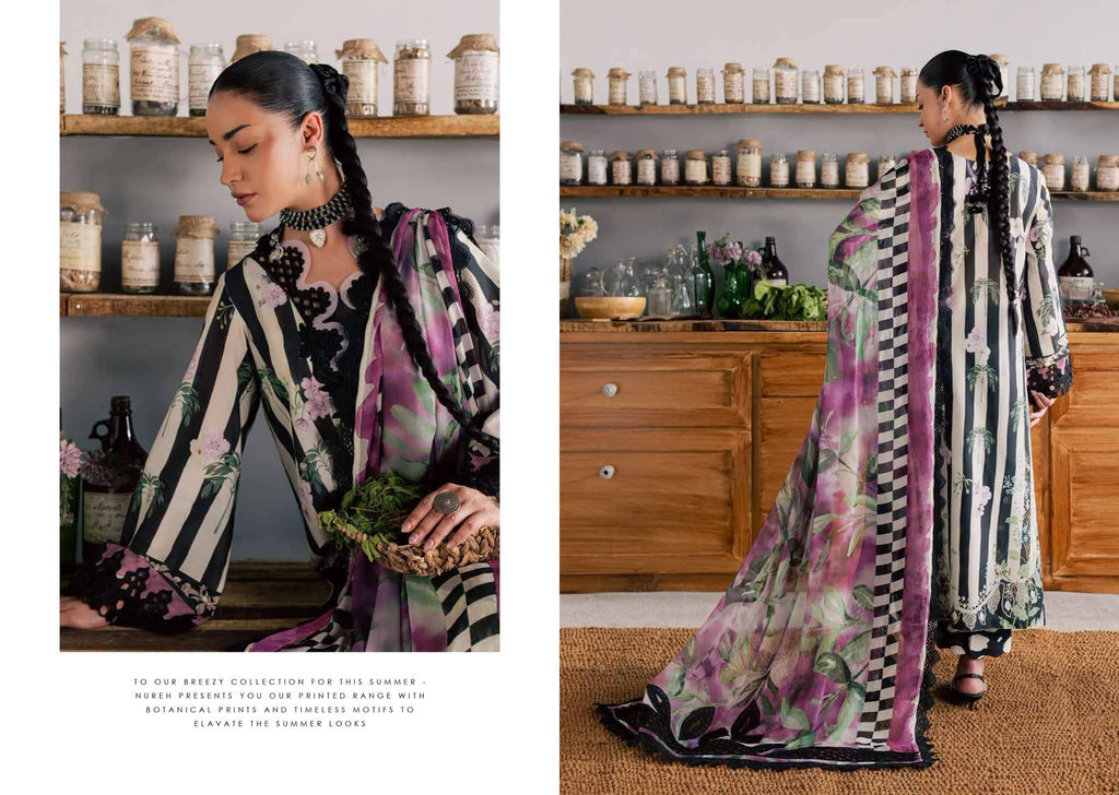 Original Nureh Embroidered & Printed Lawn Suit — Ready to Wear | With Chiffon Dupatta
